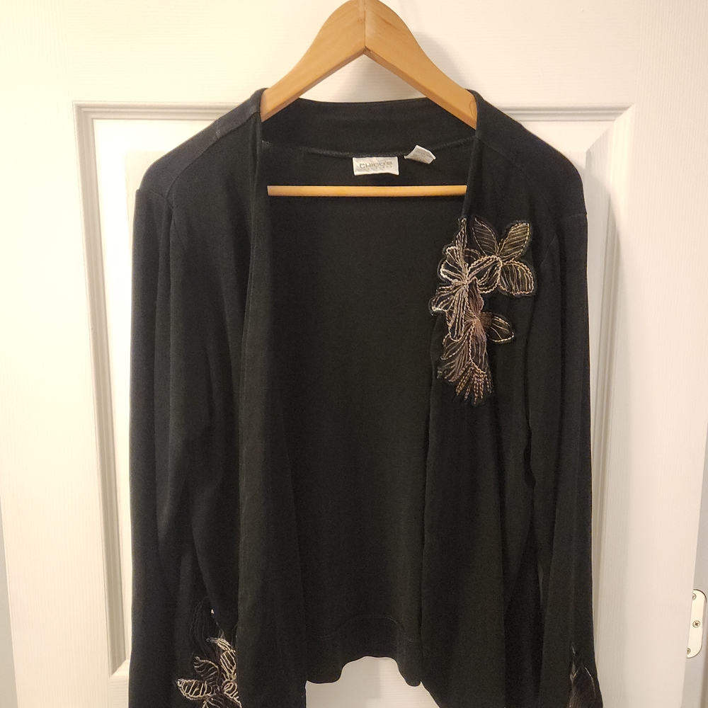 Chicos Black Cardigan with Floral Embroidery